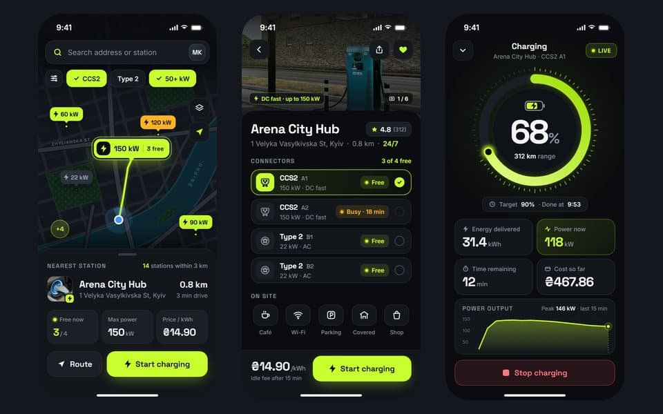 Iskra — EV charging app · 3 screens