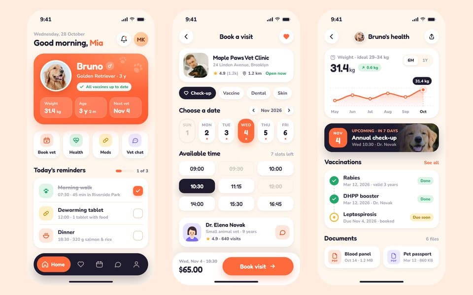 Pawsy — Pet care app · 3 screens